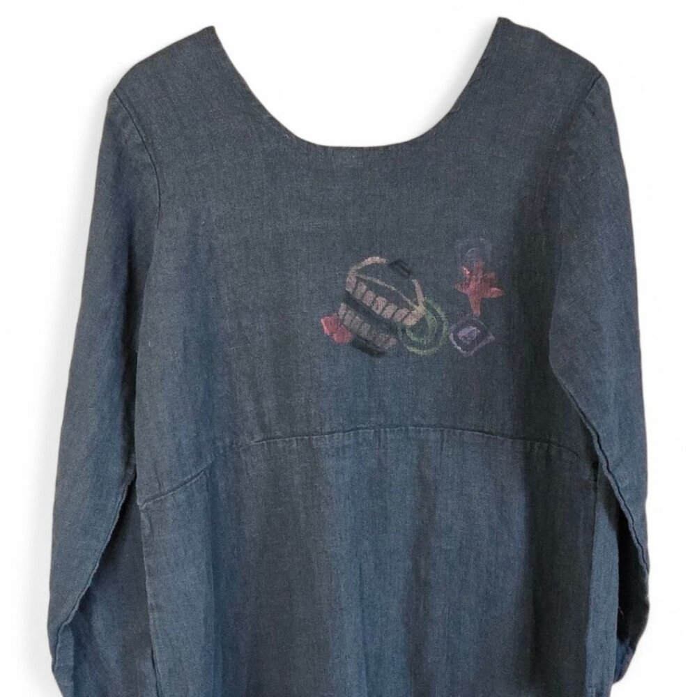 Vintage Lucky & Izzy M/L Linen Long Sleeve Dress Hand Painted Wearable Art Boho - Picture 8 of 13